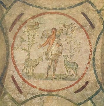 The Good Shepherd in the Catacomb of Priscilla, second half of the 3rd century. Published by Joseph Wilpert, 1903; Wikimedia Commons, public domain.