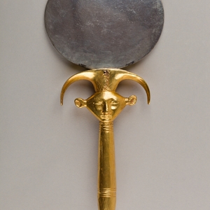 Mirror with handle in the form of a Hathor emblem. Dynasty 18, ca. 1479-1425 BC; Metropolitan Museum of Art.