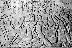 Scene of the interrogation of Shasu, connected with the false-information episode before Kadesh. Drawing after an Egyptian relief.