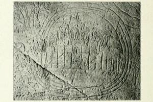 Kadesh on an Abu Simbel relief: the Orontes surrounds the fortified city and a Hittite garrison is shown inside. Drawing by J. H. Breasted, 1908.