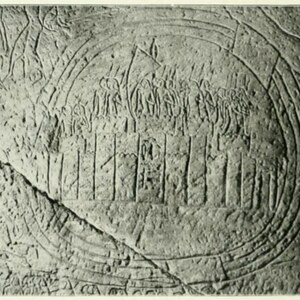 Kadesh on an Abu Simbel relief: the Orontes surrounds the fortified city and a Hittite garrison is shown inside. Drawing by J. H. Breasted, 1908.