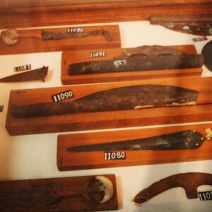 Bronze weapons in the Egyptian Museum in Cairo: archaeological finds are essential for checking forms that reliefs show conventionally.