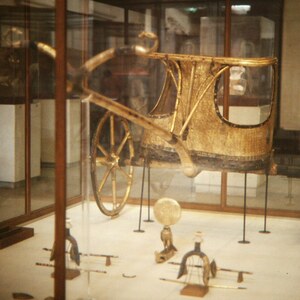 Chariot from the tomb of Tutankhamun, Egyptian Museum in Cairo. The light construction shows why the Egyptian chariot was designed for speed rather than heavy shock action.