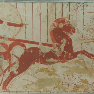 Hunting from a chariot, facsimile of a scene from the tomb of Userhat from the reign of Amenhotep II. Metropolitan Museum of Art.