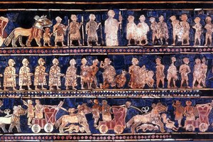 Standard of Ur, War panel, c. 2600 BC; inlaid object from the Royal Cemetery of Ur, British Museum, ME 121201.