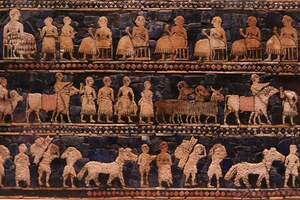 Standard of Ur, Peace panel, c. 2600 BC; scenes of banquet, offerings and economy, British Museum, ME 121201.
