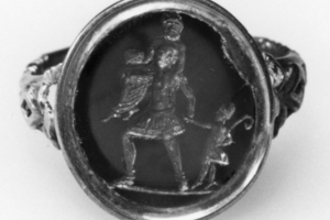 Aeneas with Anchises and Ascanius on a Roman intaglio; a compact image of dynastic continuity central to the Roman reading of the myth. Walters Art Museum.