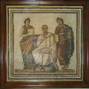 Virgil with a manuscript of the Aeneid between the muses Clio and Melpomene. Roman mosaic from Hadrumetum, 3rd century AD; Bardo National Museum.
