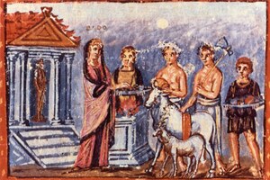 Dido offers sacrifice. Miniature from the Vatican Vergil, around AD 400; a late antique illustrated codex of the Aeneid.
