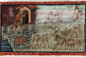 Aeneas with the golden bough and the Cumaean Sibyl at the entrance to Elysium. Vatican Vergil, around AD 400.