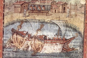 Trojan ships pass the island of Circe. Miniature from the Vatican Vergil, around AD 400; Aeneas' wanderings in Book VII.