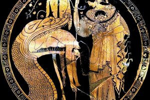 Ясон, Афина и дракон, охраняющий золотое руно. Краснофигурная чаша Дуриса, около 480-470 годов до н. э.; Ватиканские музеи.