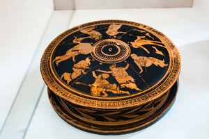 Персей и Грайи. Аттическая краснофигурная пиксида, V век до н. э.; Национальный археологический музей, Афины.