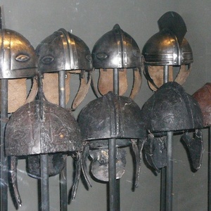 Intercissa-type helmets (bottom) and their museum reconstructions (top), Magyar Nemzeti Museum, 4th century AD