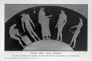 Youths with strigils on an Attic red-figure kylix of the mid-fifth century BC; an image of the gymnasium setting and physical training. Wellcome Collection.