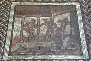 Мозаика с давлением винограда из сельского календаря. Сен-Ромен-ан-Галь, первая четверть III века н.э.; Musée d'Archéologie Nationale, Saint-Germain-en-Laye.
