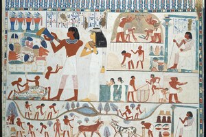 Agricultural scenes from the tomb of Nakht, Thebes, Dynasty 18, c. 1400-1390 BC. Facsimile by Norman de Garis Davies; Metropolitan Museum of Art, 15.5.19b.