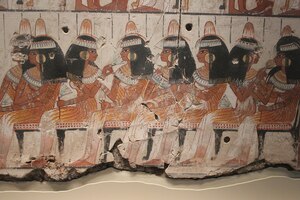 Banquet scene from the tomb-chapel of Nebamun at Thebes. c. 1350 BC; British Museum. The scene shows elite dining, music, clothing and banquet gestures.