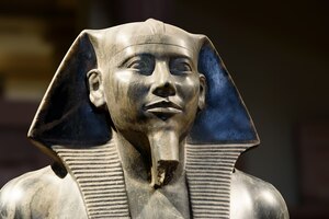 Statue of Khafre from a cache in his valley temple at Giza. Fourth Dynasty, c. 2520-2494 BC; diorite, Egyptian Museum in Cairo.