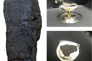 Fragments of the Herculaneum papyri PHerc.1103 and PHerc.110 from the Villa of the Papyri. The carbonised scrolls of AD 79 form the only ancient library preserved as an archaeological assemblage;.
