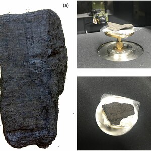 Fragments of the Herculaneum papyri PHerc.1103 and PHerc.110 from the Villa of the Papyri. The carbonised scrolls of AD 79 form the only ancient library preserved as an archaeological assemblage;.