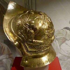 The Newstead cavalry helmet. Iron and bronze; c. AD 80-100; found in 1905 at the Roman fort of Newstead, now in the National Museum of Scotland.