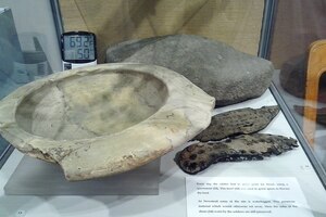 Quern, vessel and shoe from Trimontium. Roman period; Trimontium Museum, Melrose.