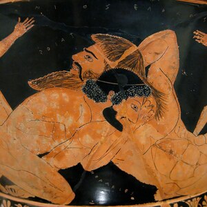 Heracles and Antaeus on an Attic red-figure krater by Euphronios, c. 515-510 BC; Louvre, G 103.