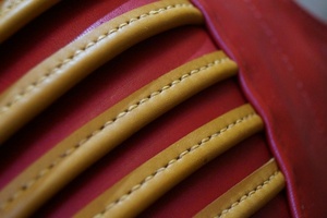 Detail of the pteruges and dyed leather of the finished subarmalis.
