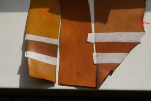 Comparing leather samples for colour, surface, thickness and edge behaviour.