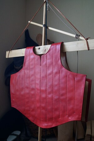 Leather body of the subarmalis after dyeing and stitching the vertical lines.