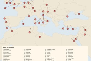 Карта археологических памятников из раздела: форты, города, порты, поля сражений и комплексы находок, упомянутые в статье. Номера раскрыты в легенде.