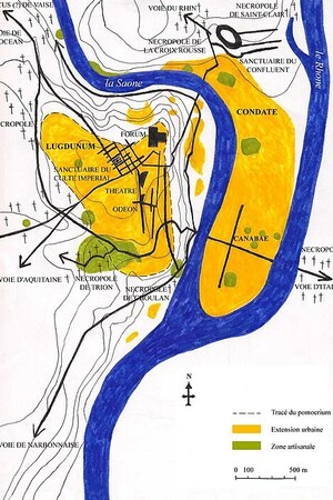 Лугдун / Лион: Schéma - Lyon époque romaine - avec nécropoles - voies romaines - constructions - Lugdunum; общий вид или раскопанный участок, римский период, археологическая зона или музейный контекст.