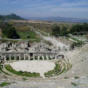 Ephesus: Ephesos amphitheatre; visual evidence for the site, Roman period, archaeological site or museum context.