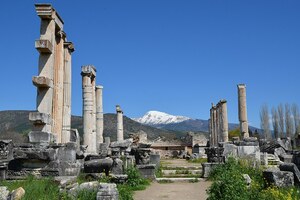 Афродисиада: The Temple of Aphrodite, built in the Ionic order in stages during the Roman period (fr...; общий вид или раскопанный участок, римский период, археологическая зона или музейный контекст.