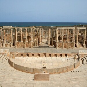 Leptis Magna: Leptis Magna Theatre; visual evidence for the site, Roman period, archaeological site or museum context.