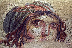 Zeugma: Mosaic of a Gypsy Girl; visual evidence for the site, Roman period, archaeological site or museum context.
