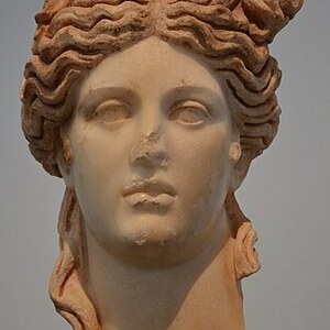 Aphrodisias: Marble head of a goddess, found in the Hadrianic Baths, 2nd century AD, Aphrodisias Museum; visual evidence for the site, Roman period, archaeological site or museum context.