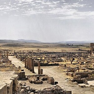 Тимгад / Thamugadi: Timgad Ruins Panorama; визуальный источник по памятнику, римский период, археологическая зона или музейный контекст.