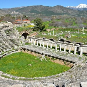 Aphrodisias: The Roman theatre, built in the second half of the 1st century BC on the eastern slope...; visual evidence for the site, Roman period, archaeological site or museum context.