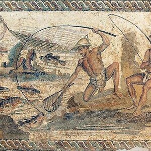 Leptis Magna: Villa of the Nile Mosaic fishermen; visual evidence for the site, Roman period, archaeological site or museum context.
