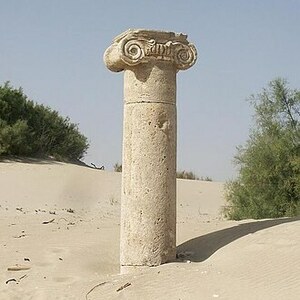 Leptis Magna: Leptis magna pillar; visual evidence for the site, Roman period, archaeological site or museum context.