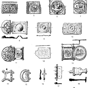 Comparative catalogue illustration from M. C. Bishop’s study of military equipment; objects attributed to the first century CE.