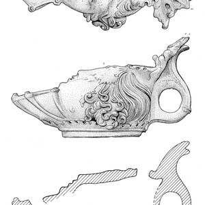 Corbridge / Coria: Roman , Lamp Illustration by David Williams (FindID 197334); material-culture object or museum find connected with the site, Roman period or local archaeological context.