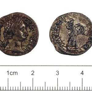 Corbridge / Coria: Roman Coin , Denarius of Domitian (FindID 197334); material-culture object or museum find connected with the site, Roman period or local archaeological context.