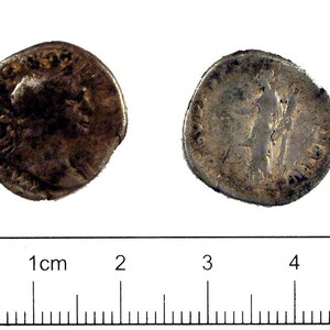 Corbridge / Coria: Roman Coin , Denarius of Trajan (FindID 197334); material-culture object or museum find connected with the site, Roman period or local archaeological context.