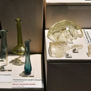 Isca Augusta / Caerleon: Caerleon, Roman Legionary Museum, Glass items - geograph.org.uk - 7604426; material-culture object or museum find connected with the site, Roman period or local archaeological context.