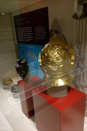 Trimontium / Newstead: The Newstead helmet on load to Vindalanfa museum; material-culture object or museum find connected with the site, Roman period or local archaeological context.