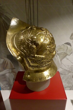 Trimontium / Newstead: The Newstead helmet on loan to Vindalanfa museum; material-culture object or museum find connected with the site, Roman period or local archaeological context.