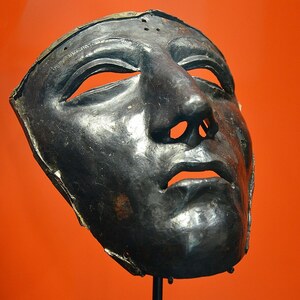 Kalkriese: Cavalry Face-Mask Helmet, Museum und Park Kalkriese, Germany; material-culture object or museum find connected with the site, Roman period or local archaeological context.